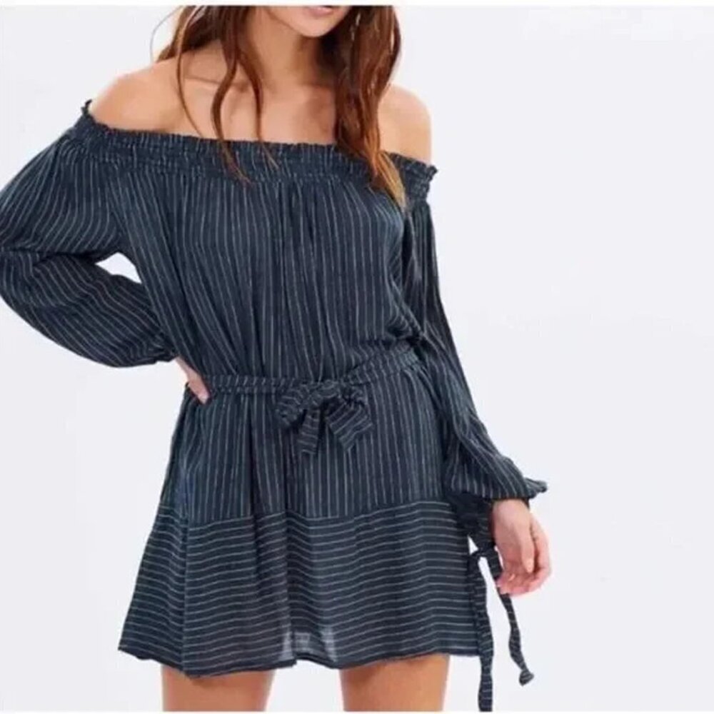 Faithfull The Brand Striped Tie Long Sleeve Off the Shoulder Dress Gray Size 4